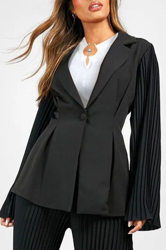 Long Sleeves Loose Buttoned Pleated Pockets Solid Color Notched Collar Blazer Outerwear