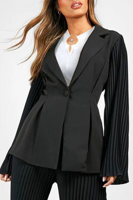 Long Sleeves Loose Buttoned Pleated Pockets Solid Color Notched Collar Blazer Outerwear