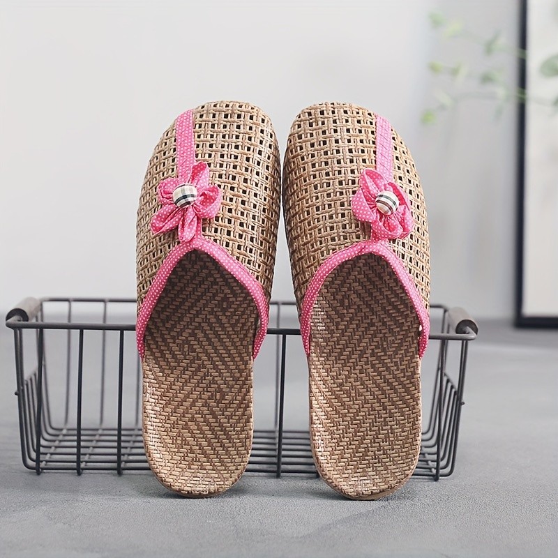 Stylish Flax Linen Slides - Breathable, Closed-Toe, Hollow Out, Slip-On Shoes with Polka Dot Pattern - Elegant, Casual, All-Season, EVA Sole, Fabric Upper, Flax Insole, Backless Home Slides