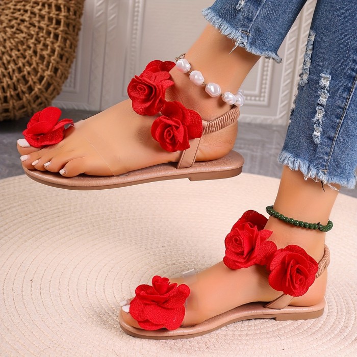 Women's Flowers Design Flat Sandals, Toe Loop Elastic Strap Slip On Shoes, Fashion Summer Vacation Beach Sandals