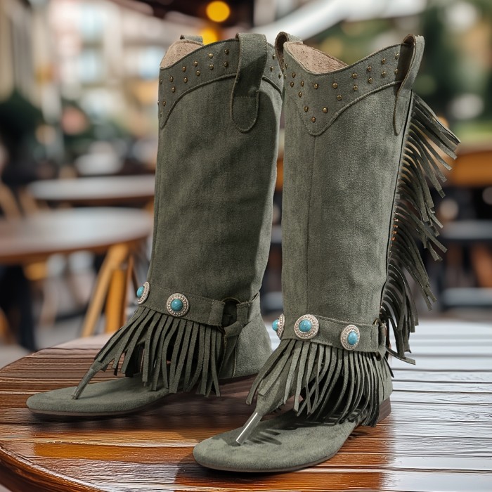Boho-Chic Women's Tassel & Studded Mid-Calf Sandals - Open Toe, Slip-On, Flat Heel, All-Season