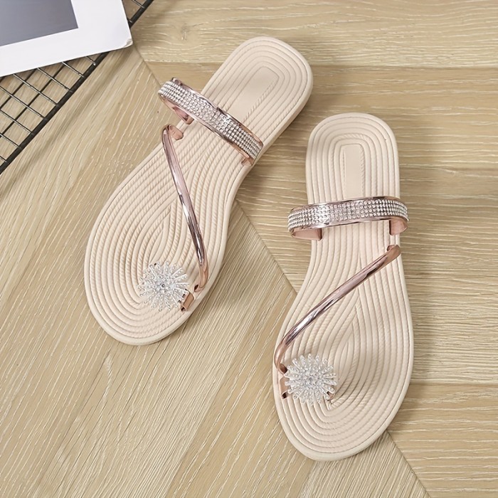 Women's Flower Rhinestone Flat Flip Flops - Fashion Open Toe Non Slip Toe Loop Slides Shoes - Casual Beach Slippers - For Women - Summer Beachwear - Perfect Gift for Vacation