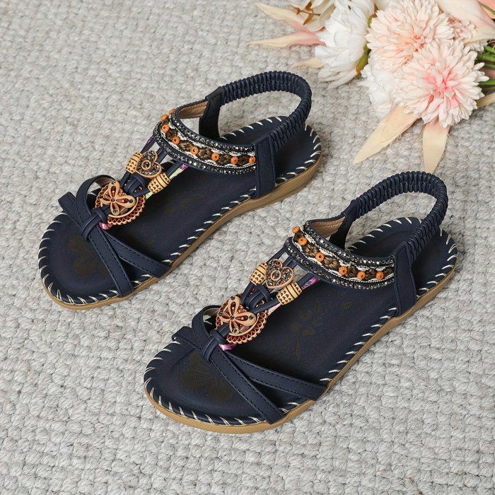 Boho Style Rhinestone Butterfly Flat Sandals - Women's Open Toe Elastic Strap Summer Shoes - Casual Slip On Beach Sandals for Holiday