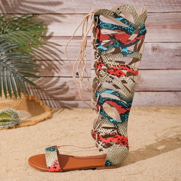 New Women'S Round-Toe Flat Gladiator Sandals with Front Lacing in a Roman Style, Featuring a Unique And Comfortable Design.