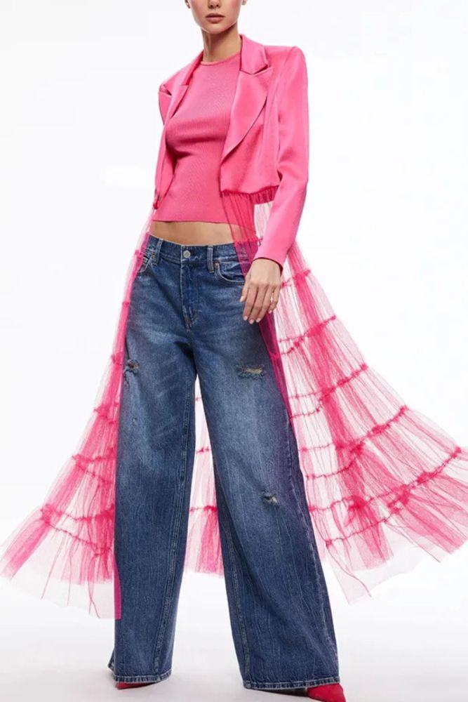 Incredibly Special Flowy Satin Layered Tulle Patchwork Midi Blazer