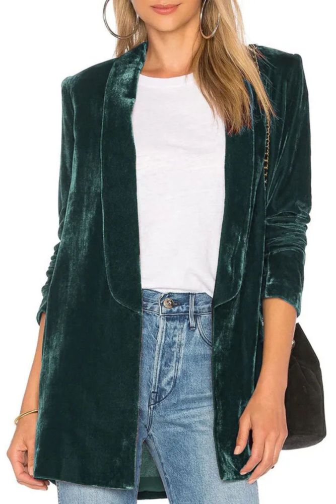 Women Casual Pleuche Blazer, Adults Open Front Solid Color Long Sleeve Lapel Suit Jacket
