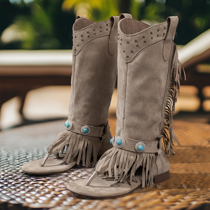 Boho-Chic Women's Tassel & Studded Mid-Calf Sandals - Open Toe, Slip-On, Flat Heel, All-Season