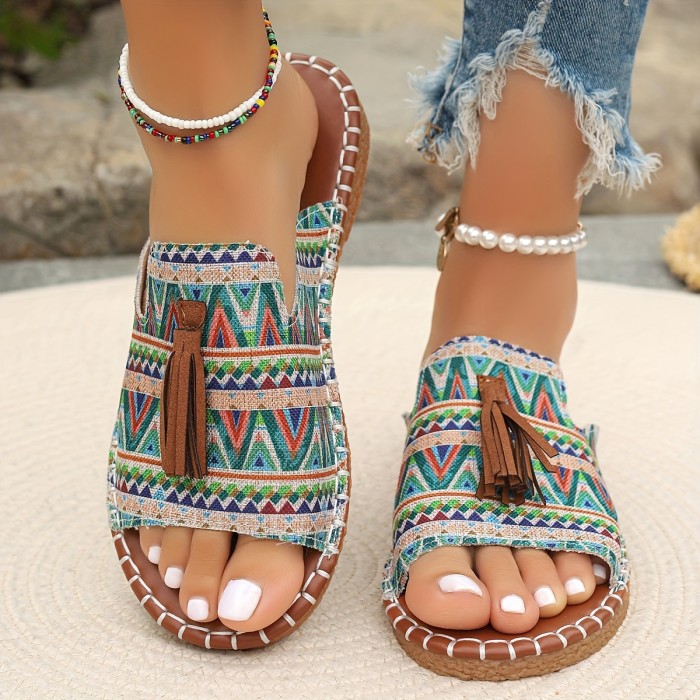 Boho Chic Sandals Lightweight Comfortable Boho Chic Tassel Slide Sandals - Unisex, Colorful Geometric Pattern Upper with Brown Cover Tassel, Non-Slip TPR Sole, Casual Summer Beach Shoes for Women and Men