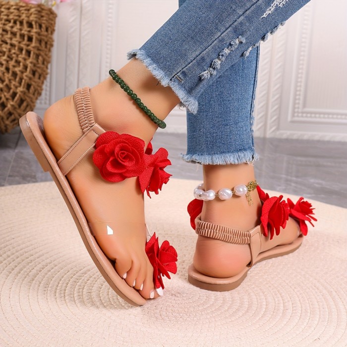 Women's Flowers Design Flat Sandals, Toe Loop Elastic Strap Slip On Shoes, Fashion Summer Vacation Beach Sandals