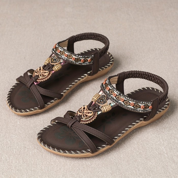 Boho Style Rhinestone Butterfly Flat Sandals - Women's Open Toe Elastic Strap Summer Shoes - Casual Slip On Beach Sandals for Holiday