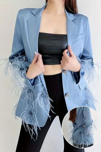 Faux Feather Decor Button Front Blazer, Elegant Lapel Collar Long Sleeve Blazer With Flap Pocket, Women's Clothing