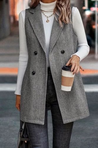 Double Breasted Lapel Vest, Elegant Sleeveless Blazer For Office & Work