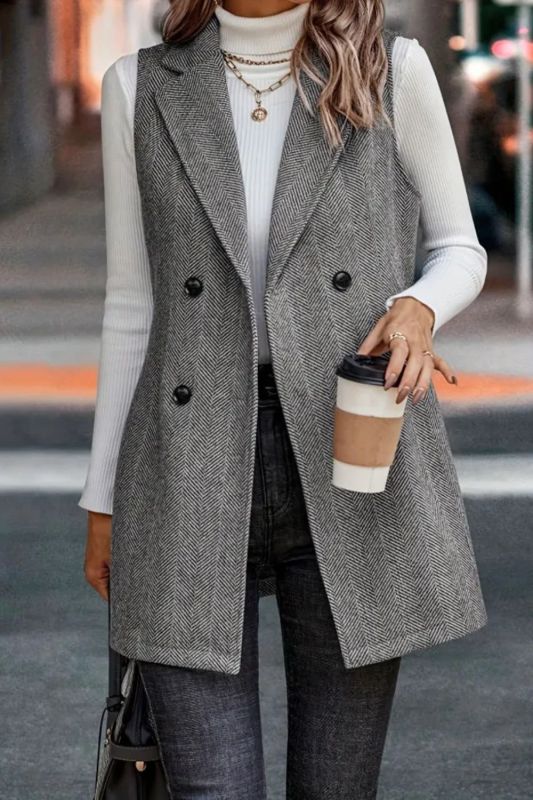 Double Breasted Lapel Vest, Elegant Sleeveless Blazer For Office & Work
