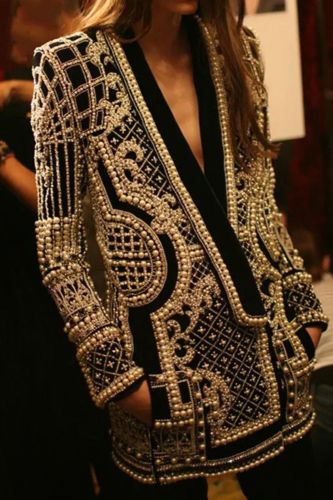 Long Sleeves Loose Beads Printed V-Neck Blazer Outerwear