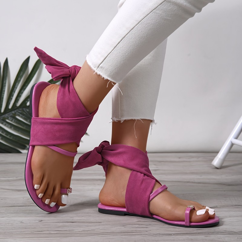 Vibrant Pink Sandals Vibrant Pink Women's Fashion Sandals - Open Toe with Rhinestone Embellishments - Flat Heel, Lace-Up Closure, Rubber Sole - Stylish Summer Footwear