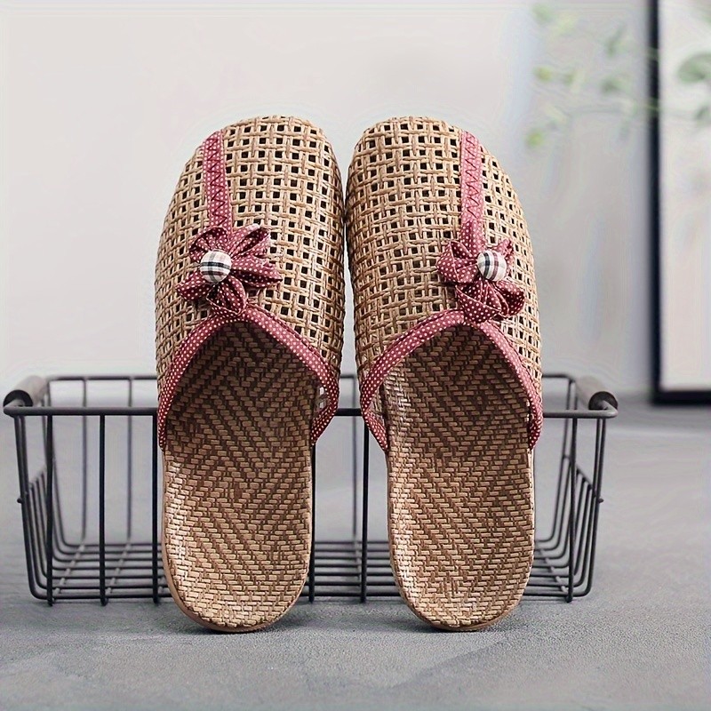Stylish Flax Linen Slides - Breathable, Closed-Toe, Hollow Out, Slip-On Shoes with Polka Dot Pattern - Elegant, Casual, All-Season, EVA Sole, Fabric Upper, Flax Insole, Backless Home Slides
