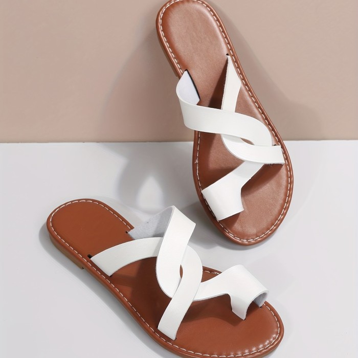 Summer Solid Color Open Toe Slip-On Sandals - Women's Casual Beach Slides with Toe Strap, Man-Made Upper & Insole, Fabric Lining, TPR Sole - Minimalist Strappy Sandals