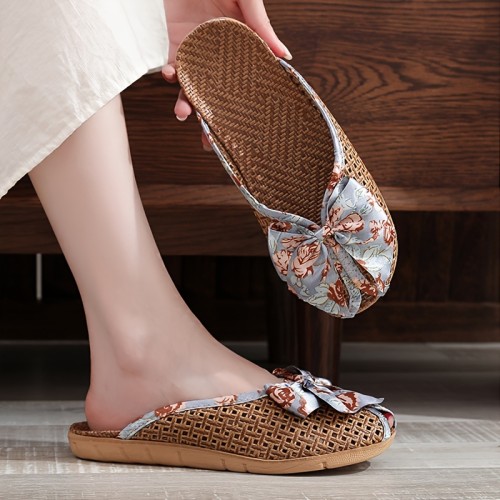 Lightweight Breathable Summer Floral Print Flip Flops, Soft Linen Sole Non-slip Bedroom Slippers