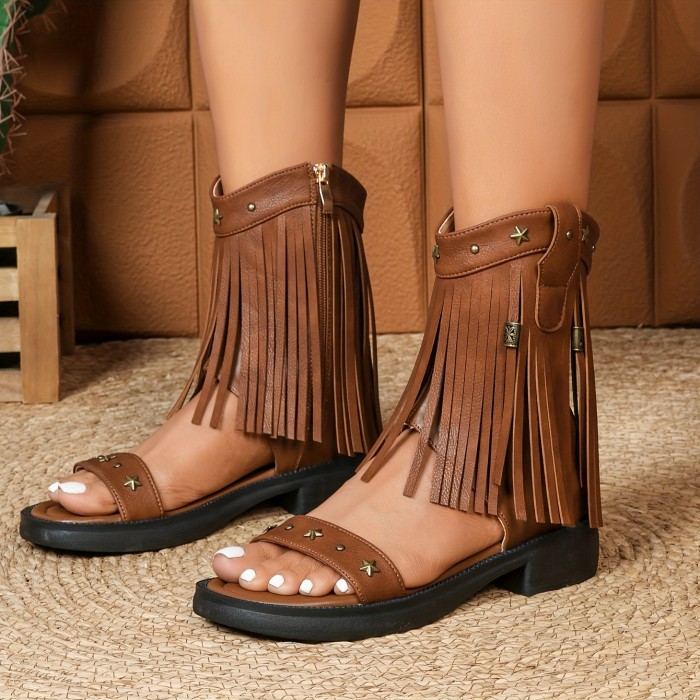 1 Pair Women'S Fashion Ankle Boot Sandals 1 Pair Women'S Fashion Ankle Boot Sandals, Tassel Rivet Detail, Open Toe, Low Heel, Zipper Closure, Faux Upper\u002FInner, TPR Sole, Spring Season Footwear