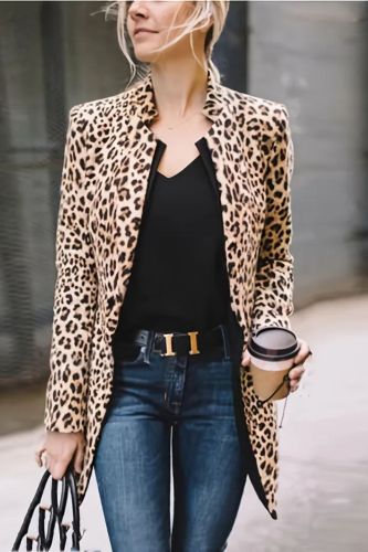 Long Sleeve Open Front Leopard Blazer Jacket, Office Lapel Casual Jacket, Women's Clothing