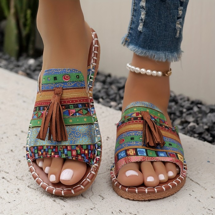 Boho Chic Sandals Lightweight Comfortable Boho Chic Tassel Slide Sandals - Unisex, Colorful Geometric Pattern Upper with Brown Cover Tassel, Non-Slip TPR Sole, Casual Summer Beach Shoes for Women and Men