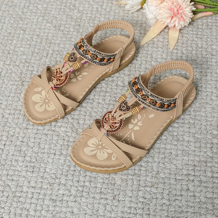 Boho Style Rhinestone Butterfly Flat Sandals - Women's Open Toe Elastic Strap Summer Shoes - Casual Slip On Beach Sandals for Holiday