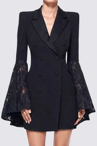 Flared Sleeves Long Sleeves Asymmetric Buttoned Solid Color Split-Joint Notched Collar Blazer Outerwear