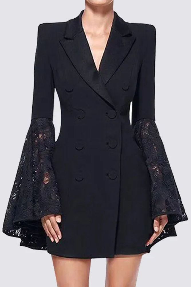 Flared Sleeves Long Sleeves Asymmetric Buttoned Solid Color Split-Joint Notched Collar Blazer Outerwear