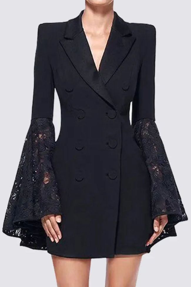 Flared Sleeves Long Sleeves Asymmetric Buttoned Solid Color Split-Joint Notched Collar Blazer Outerwear