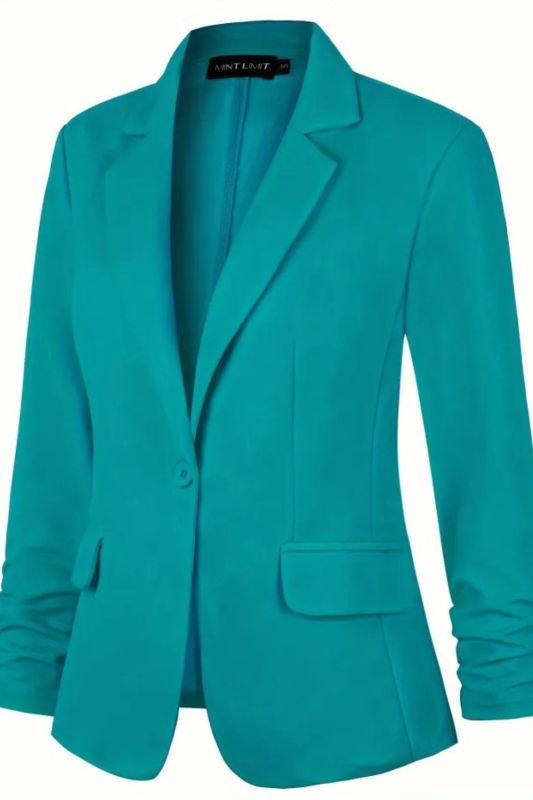 Classic Long Sleeve Solid Color Polyester Blazer - Elegant Ruched Sleeve, Single Button Placket, Two Pockets, Mid Elasticity, Regular Length, Machine Washable - Perfect for Office, Work, and Spring\u002FFall Seasons