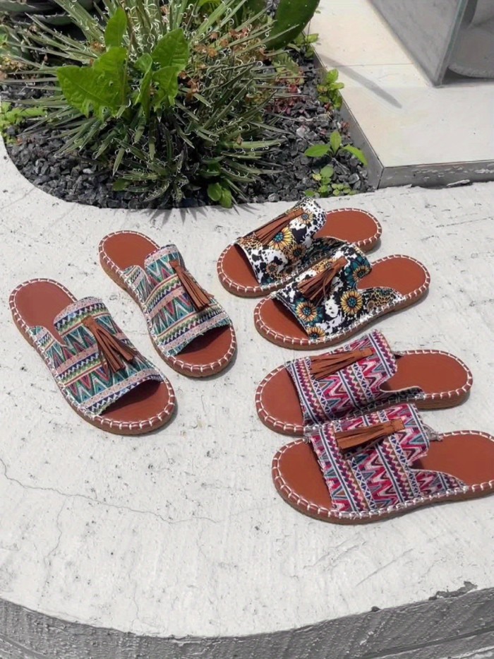 Boho Chic Sandals Lightweight Comfortable Boho Chic Tassel Slide Sandals - Unisex, Colorful Geometric Pattern Upper with Brown Cover Tassel, Non-Slip TPR Sole, Casual Summer Beach Shoes for Women and Men