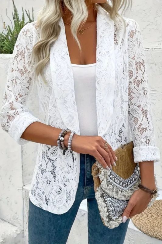 Elegant Open Front Floral Lace Lapel Blazer