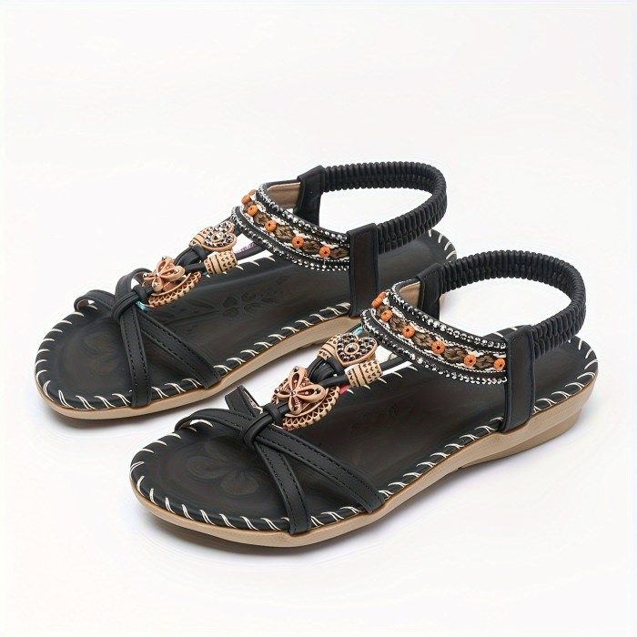 Boho Style Rhinestone Butterfly Flat Sandals - Women's Open Toe Elastic Strap Summer Shoes - Casual Slip On Beach Sandals for Holiday