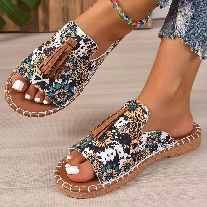Boho Chic Sandals Lightweight Comfortable Boho Chic Tassel Slide Sandals - Unisex, Colorful Geometric Pattern Upper with Brown Cover Tassel, Non-Slip TPR Sole, Casual Summer Beach Shoes for Women and Men