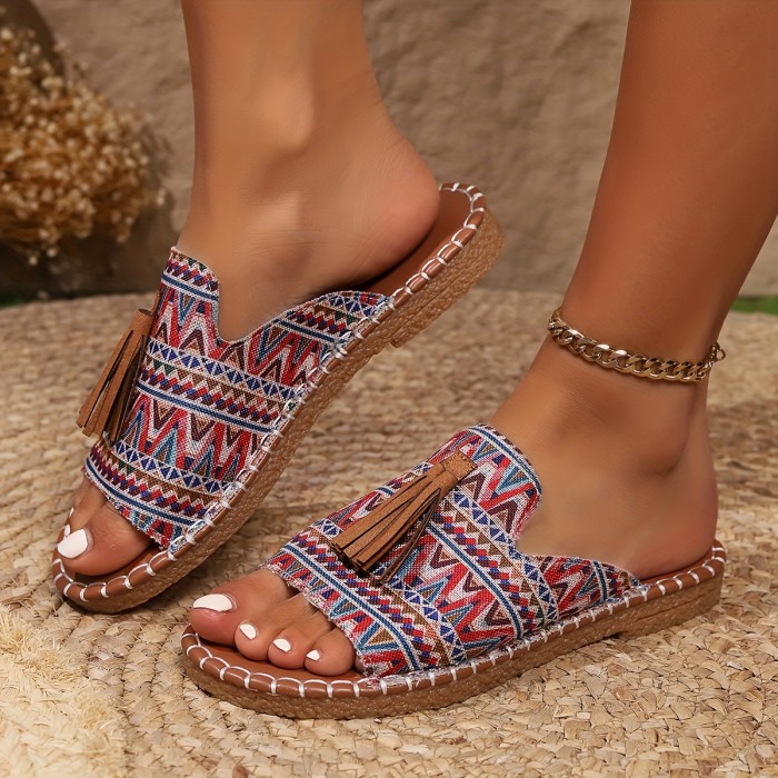 Boho Chic Sandals Lightweight Comfortable Boho Chic Tassel Slide Sandals - Unisex, Colorful Geometric Pattern Upper with Brown Cover Tassel, Non-Slip TPR Sole, Casual Summer Beach Shoes for Women and Men