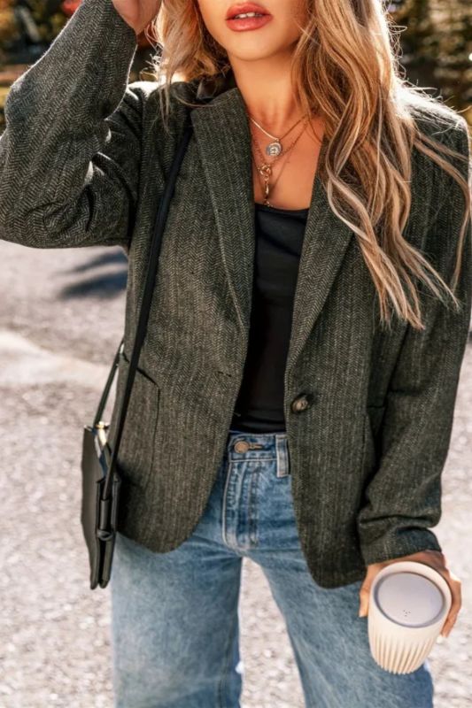 Patched Pockets Botton Front Blazer, Elegant Lapel Long Sleeve Blazer For Office & Work, Women's Clothing