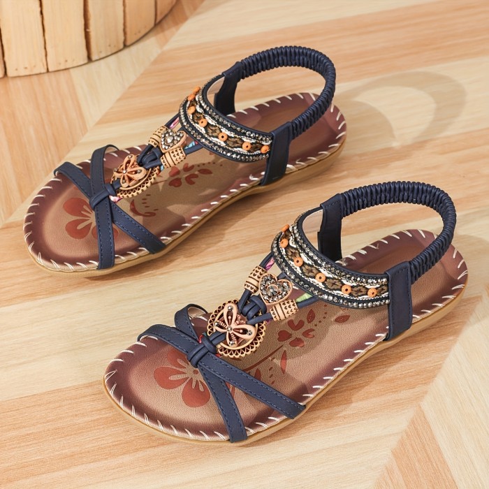 Boho Style Rhinestone Butterfly Flat Sandals - Women's Open Toe Elastic Strap Summer Shoes - Casual Slip On Beach Sandals for Holiday