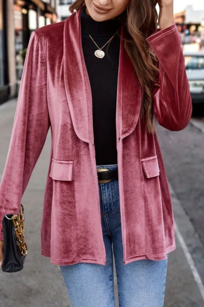 Shawl Collar Solid Blazer, Casual Open Front Long Sleeve Outerwear, Women's Clothing