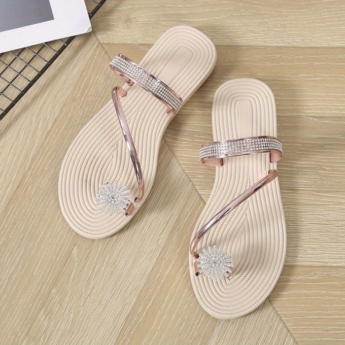 Women's Flower Rhinestone Flat Flip Flops - Fashion Open Toe Non Slip Toe Loop Slides Shoes - Casual Beach Slippers - For Women - Summer Beachwear - Perfect Gift for Vacation
