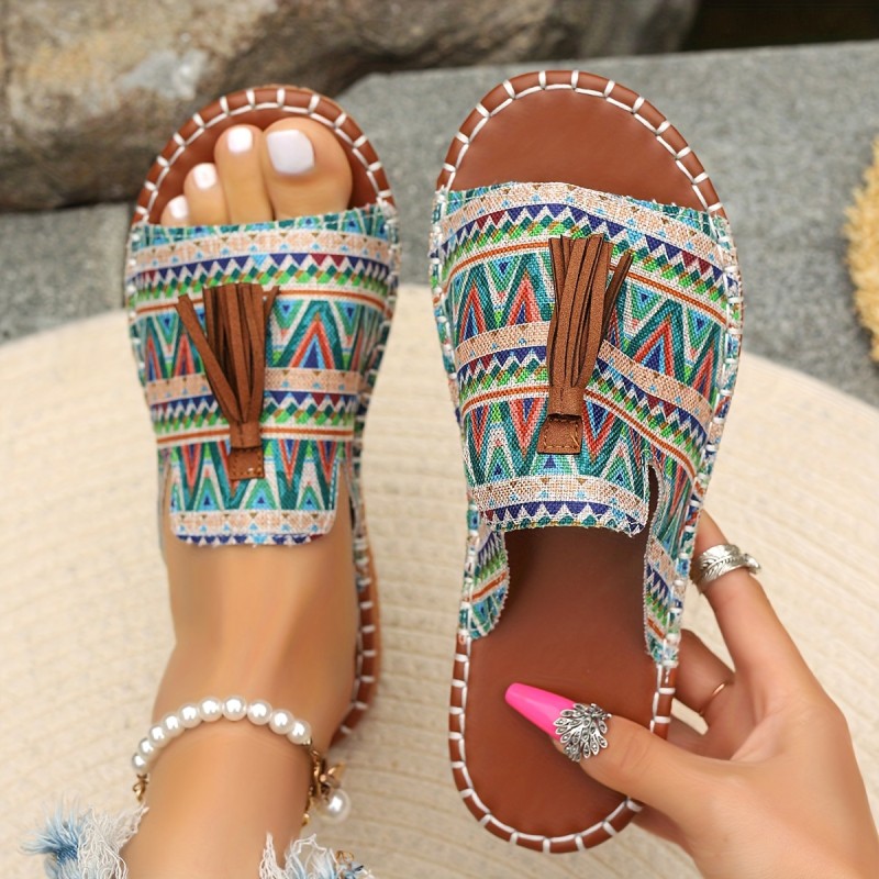 Boho Chic Sandals Lightweight Comfortable Boho Chic Tassel Slide Sandals - Unisex, Colorful Geometric Pattern Upper with Brown Cover Tassel, Non-Slip TPR Sole, Casual Summer Beach Shoes for Women and Men