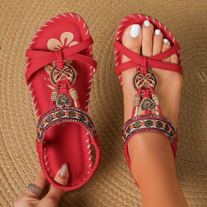 Boho Style Rhinestone Butterfly Flat Sandals - Women's Open Toe Elastic Strap Summer Shoes - Casual Slip On Beach Sandals for Holiday