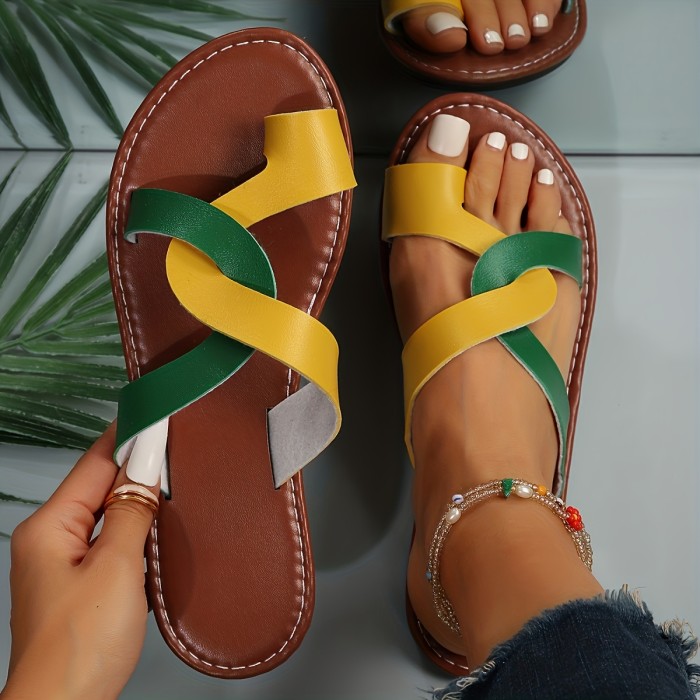 Summer Solid Color Open Toe Slip-On Sandals - Women's Casual Beach Slides with Toe Strap, Man-Made Upper & Insole, Fabric Lining, TPR Sole - Minimalist Strappy Sandals