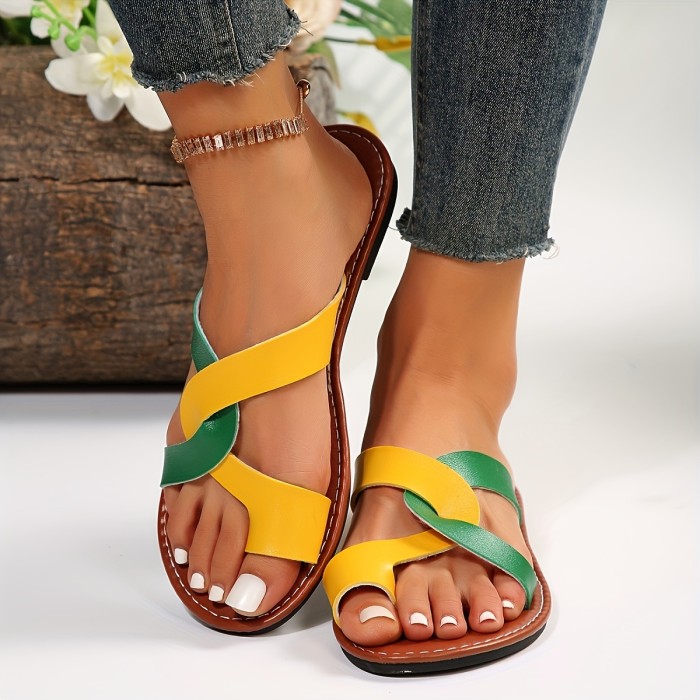 Summer Solid Color Open Toe Slip-On Sandals - Women's Casual Beach Slides with Toe Strap, Man-Made Upper & Insole, Fabric Lining, TPR Sole - Minimalist Strappy Sandals