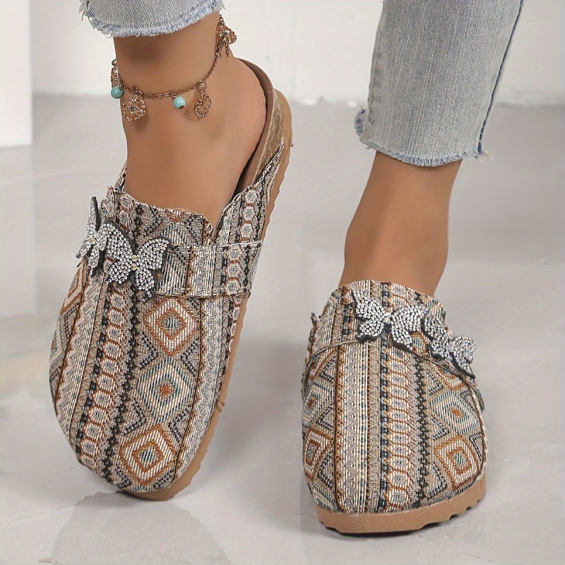 Rubber Sole Women's Fashion Slip-On Mules - Round Toe, Diamond-Patterned, Fabric Lining Flats for Spring