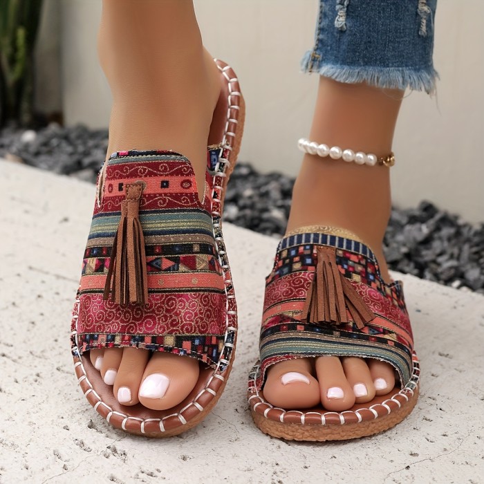 Boho Chic Sandals Lightweight Comfortable Boho Chic Tassel Slide Sandals - Unisex, Colorful Geometric Pattern Upper with Brown Cover Tassel, Non-Slip TPR Sole, Casual Summer Beach Shoes for Women and Men
