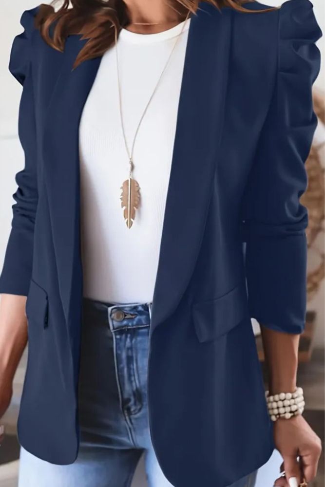 Solid Color Open Front Blazer, Stylish Lapel Puff Long Sleeve Blazer For Spring & Fall, Women's Clothing