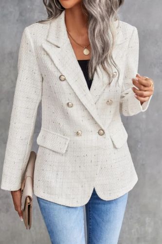 Elegant Double Breasted Solid Color Polyester Blazer for Women - Fall\u002FWinter Chic Woven Jacket with Long Sleeves and Regular Fit