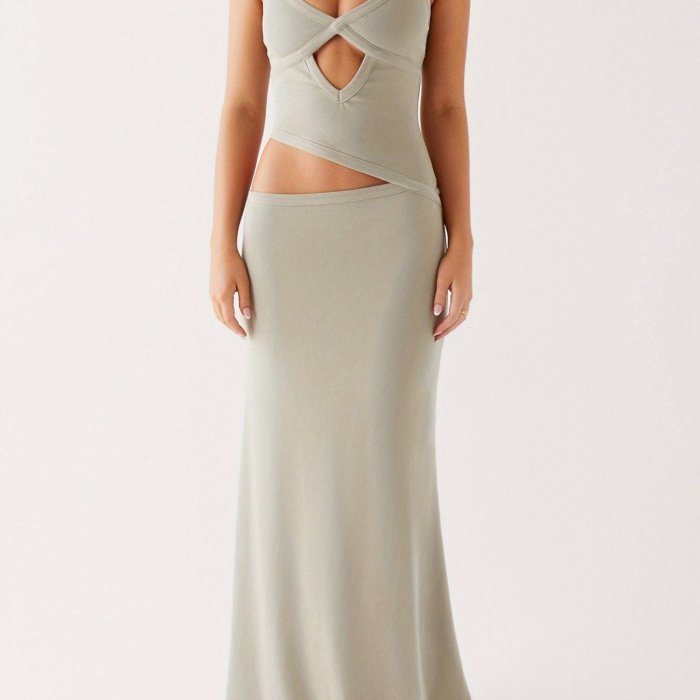 Women Slip Dress, Sleeveless V-neck Backless Hollowed Swing Dress Summer Long Dress for Cocktail Party