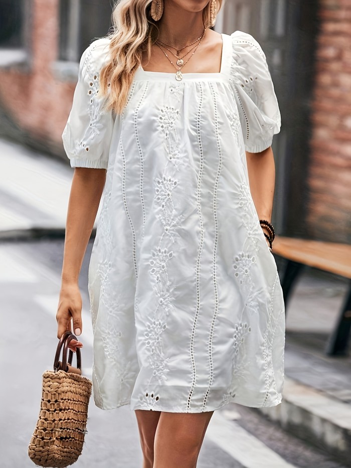 Charming Square Neck Puff Sleeve Ruched Dress - Elegant Eyelet Solid Design, Flowy Comfortable Wear for Spring & Summer, Women's Clothing for Casual Occasions