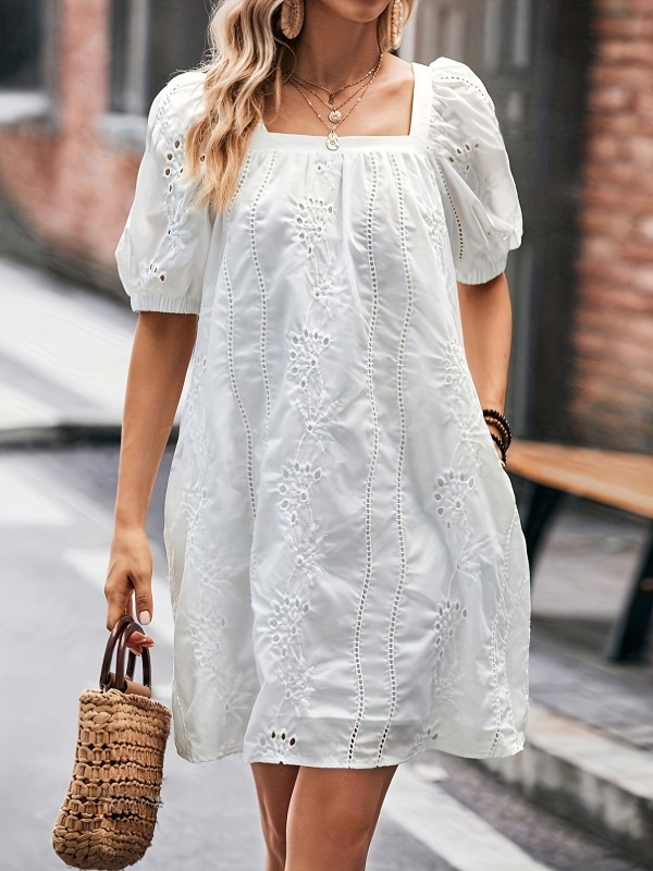 Charming Square Neck Puff Sleeve Ruched Dress - Elegant Eyelet Solid Design, Flowy Comfortable Wear for Spring & Summer, Women's Clothing for Casual Occasions
